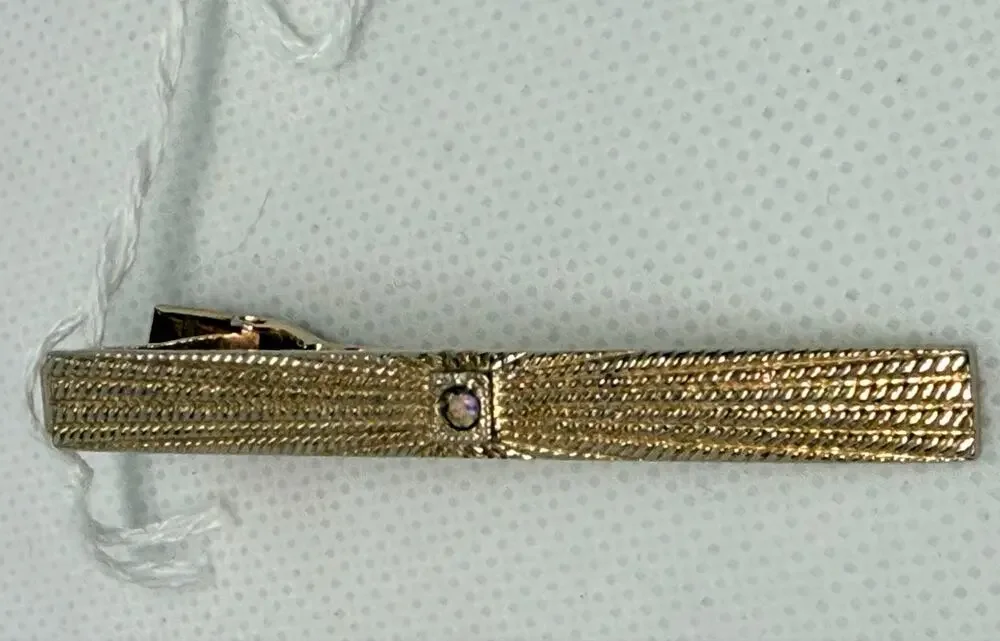 Vintage Gold Tone Tie Bar Clip Textured AB Rhinestone Unmarked Men’s